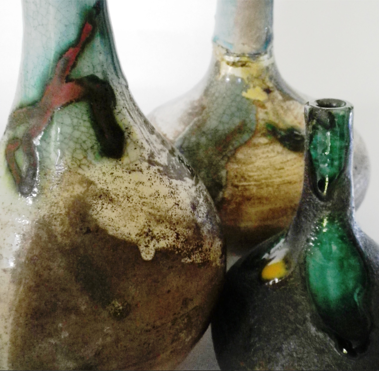 Ceramic 'Bottles of Light', for sale, at The Old Workshop cafe, Sullington Manor Farm, West Sussex, RH20 4AE. All for sale at art exhibition March/April 2024